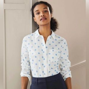 Boden White Button-Down Shirt with Light Blue Polka Dots